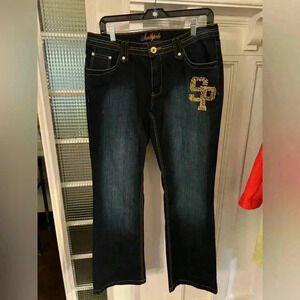 South Pole women’s jeans dark wash gold accents flap pocket sz 13